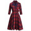 Plaid Print Vintage Dress Bowknot Surplice Dress Contrast Lapel Three Quarter Sleeve A Line Dress - RED M