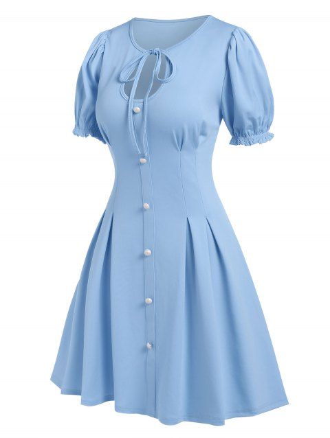 Vintage Dress Keyhole Front Tie Mini Dress Puff Sleeve Mock Button A Line Dress