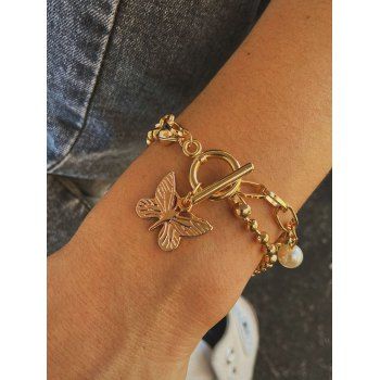 Butterfly Charm Faux Pearl Layered Bracelet