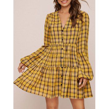 

Plaid Button Up Tiered Dress, Yellow