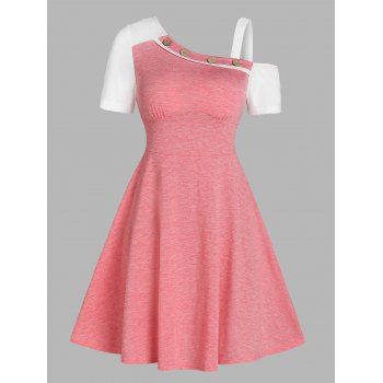 

Colorblock Dress Cold Shoulder Skew Collar Mini Dress Mock Button Heathered A Line Dress, Light pink