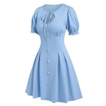 

Vintage Dress Keyhole Front Tie Mini Dress Puff Sleeve Mock Button A Line Dress, Light blue