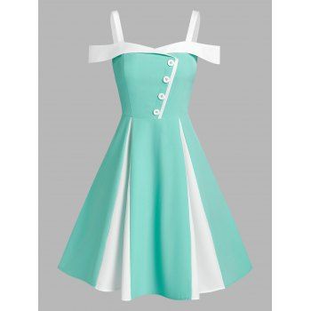 

Cold Shoulder Mock Button Colorblock Dress, Light green