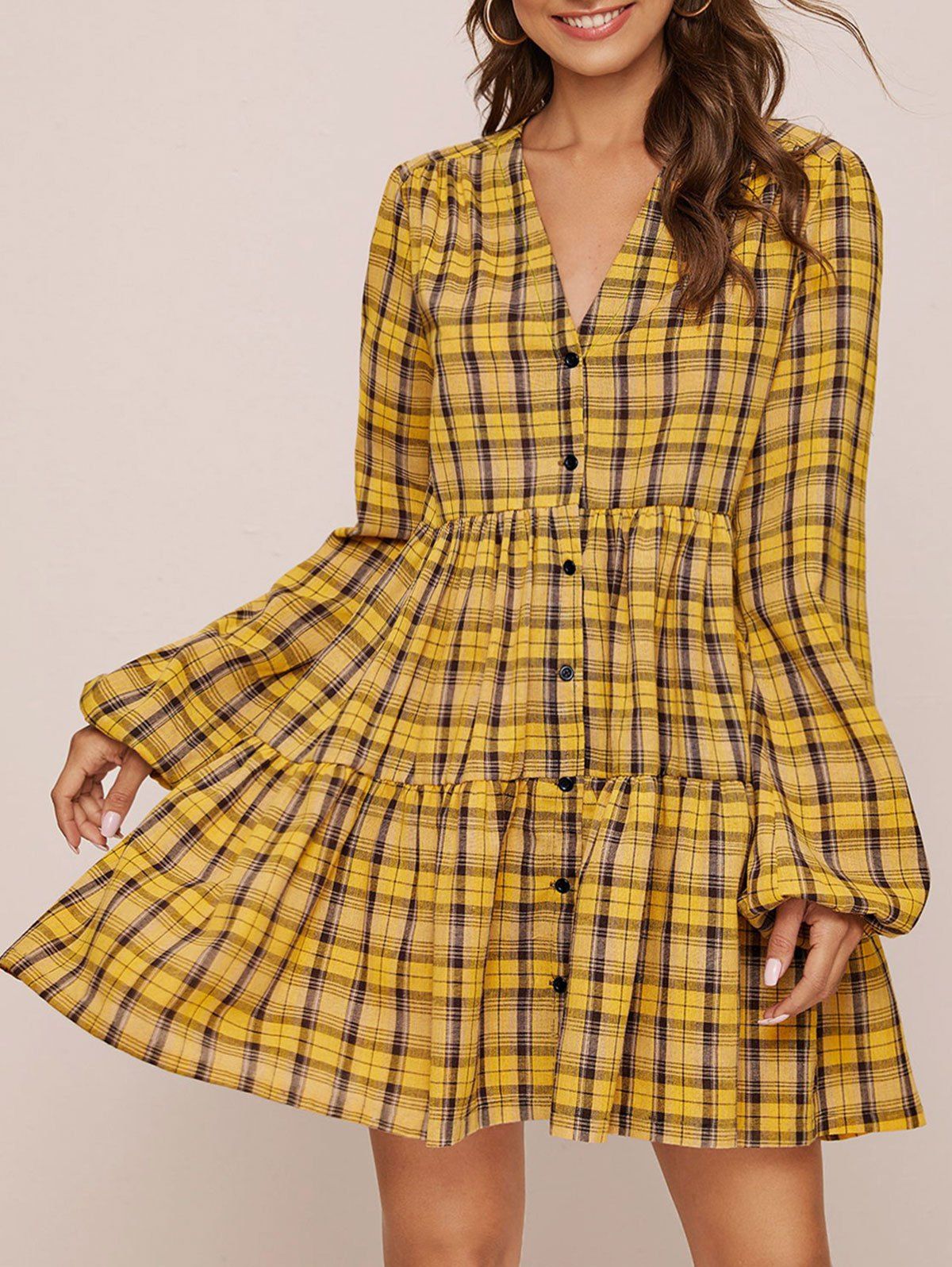 Plaid Button Up Tiered Dress - YELLOW S