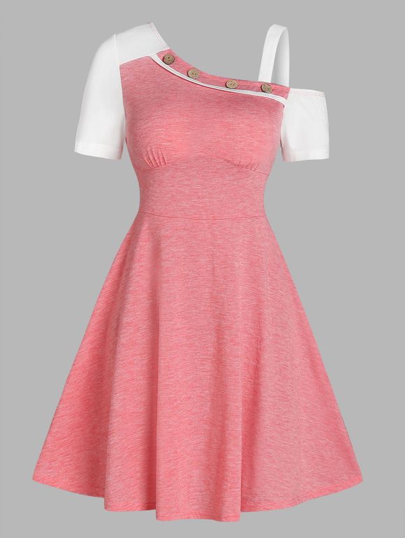 Colorblock Dress Cold Shoulder Skew Collar Mini Dress Mock Button Heathered A Line Dress - LIGHT PINK M
