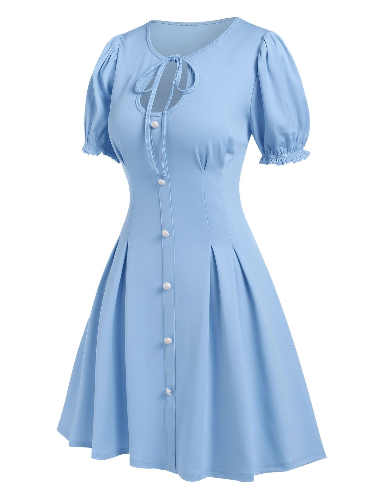 Vintage Dress Keyhole Front Tie Mini Dress Puff Sleeve Mock Button A Line Dress - LIGHT BLUE L