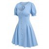 Vintage Dress Keyhole Front Tie Mini Dress Puff Sleeve Mock Button A Line Dress - LIGHT BLUE L