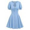 Vintage Dress Keyhole Front Tie Mini Dress Puff Sleeve Mock Button A Line Dress - LIGHT BLUE XXL