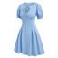 Vintage Dress Keyhole Front Tie Mini Dress Puff Sleeve Mock Button A Line Dress - LIGHT BLUE XXXL