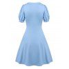 Vintage Dress Keyhole Front Tie Mini Dress Puff Sleeve Mock Button A Line Dress - LIGHT BLUE XXXL