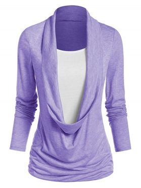 Heathered Draped Ruched 2 In 1 Long Sleeve Casual T-shirt