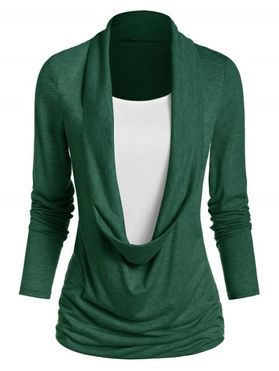 Heathered Draped Ruched 2 In 1 Long Sleeve Casual T-shirt