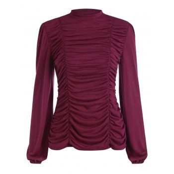 

Puff Sleeve Ruched Solid T-shirt, Deep red