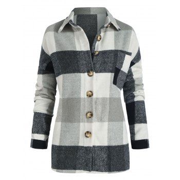 

Loose Plaid Button Down Front Pocket Shirt, Black