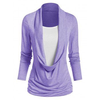

Heathered Draped Ruched 2 In 1 Long Sleeve Casual T-shirt, Light purple