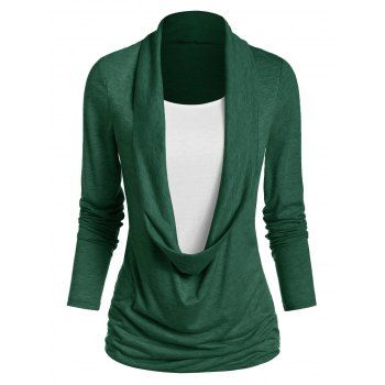 

Heathered Draped Ruched 2 In 1 Long Sleeve Casual T-shirt, Deep green