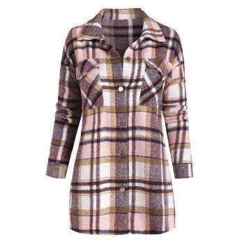 

Pocket Plaid Flannel Shacket, Light pink