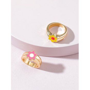 

2 Pcs Flower Glazed Alloy Chunky Ring Set, Golden