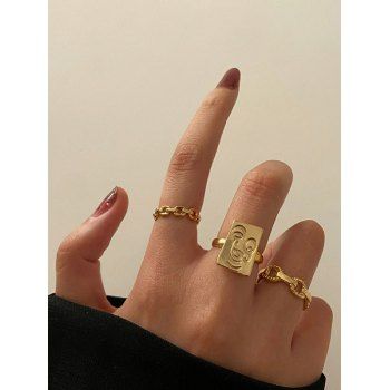 

3 Pcs Engraved Hollow Chain Shape Ring Set, Golden