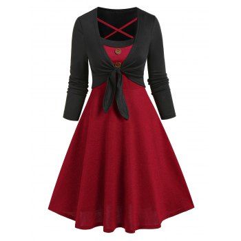 

Colorblock Crisscross Jersey Knit Cami Dress and Knotted Long Sleeve Crop Top Twinset, Red