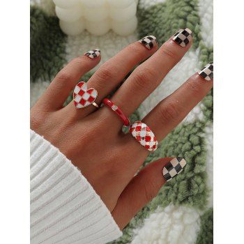 

3 Pcs Checkerboard Heart Glazed Ring Set, Red