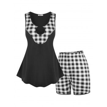 

Plus Size Keyhole Checked Tank Top and Shorts Pajamas Set, Black