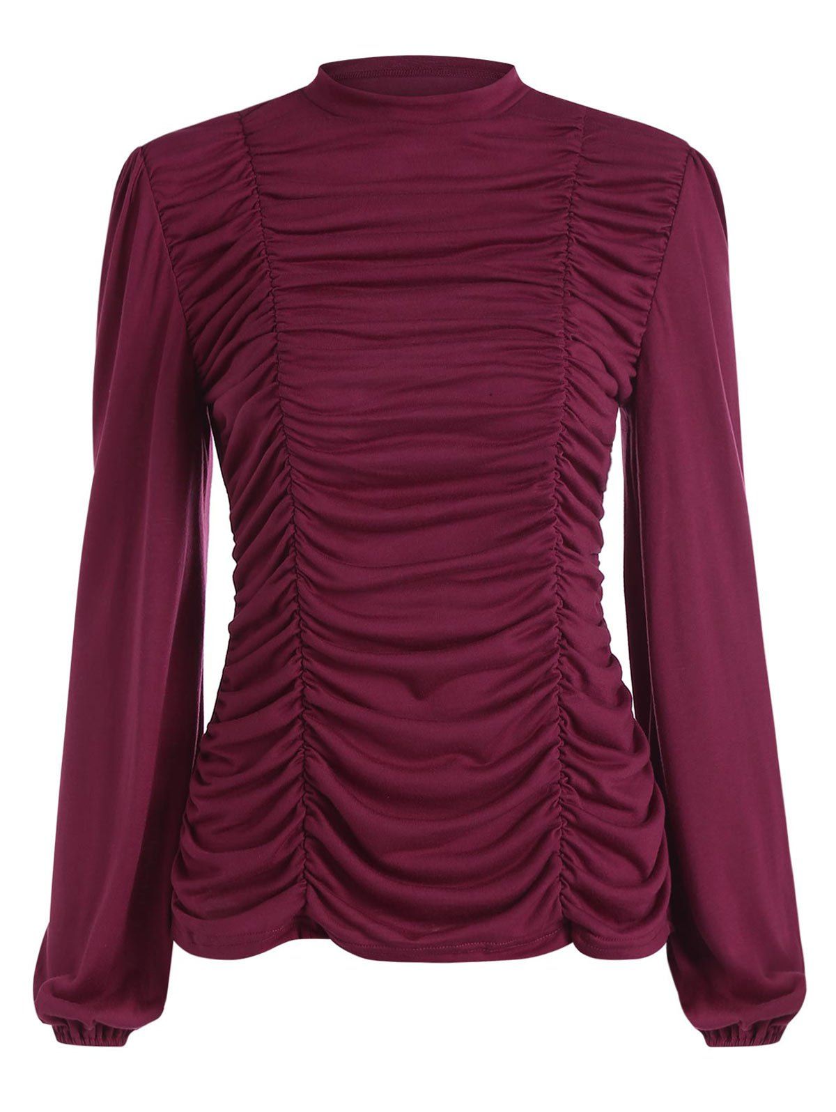 Puff Sleeve Ruched Solid T-shirt - DEEP RED XL