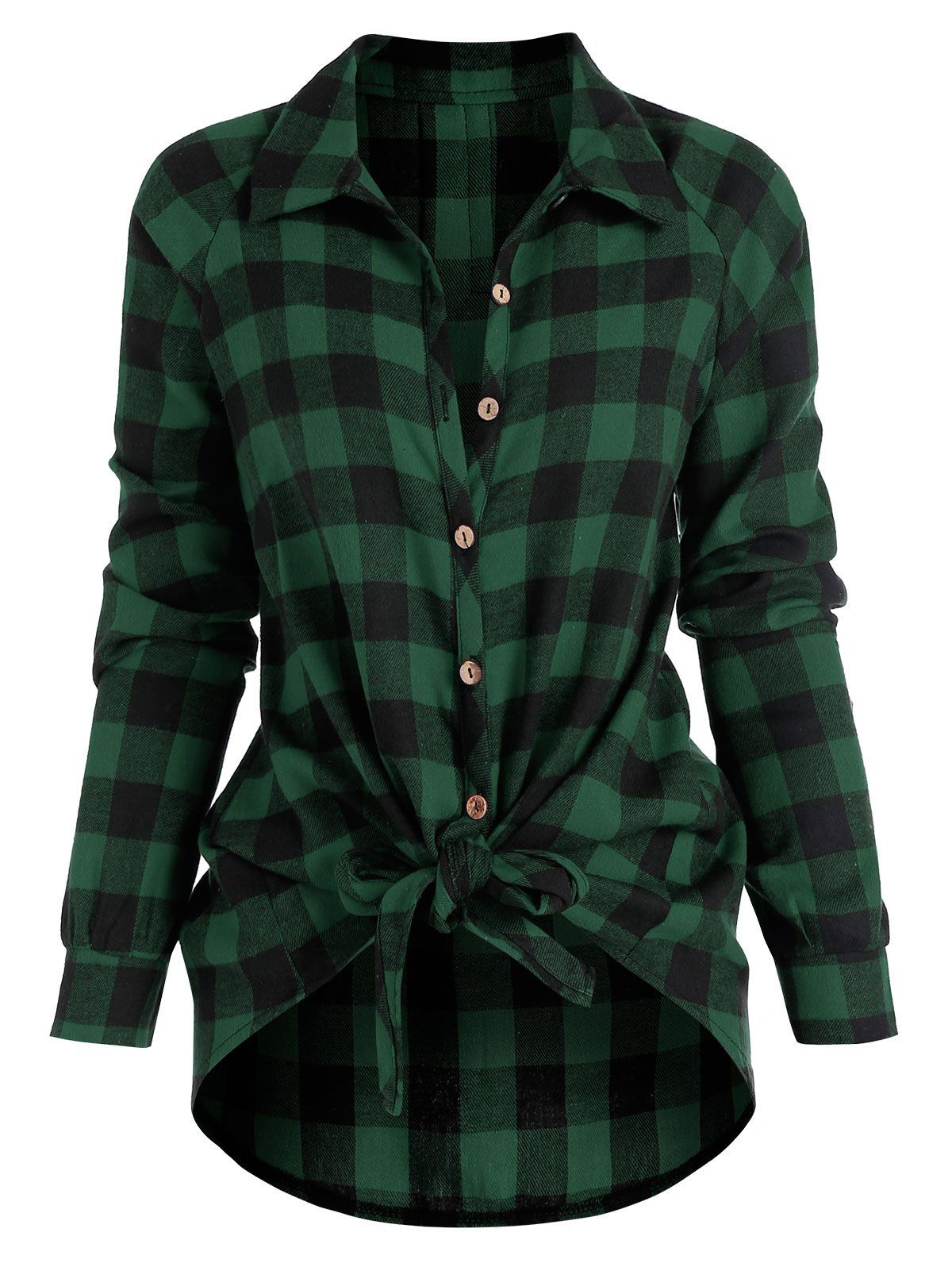 Plaid Raglan Sleeve Tied Shirts - DEEP GREEN L