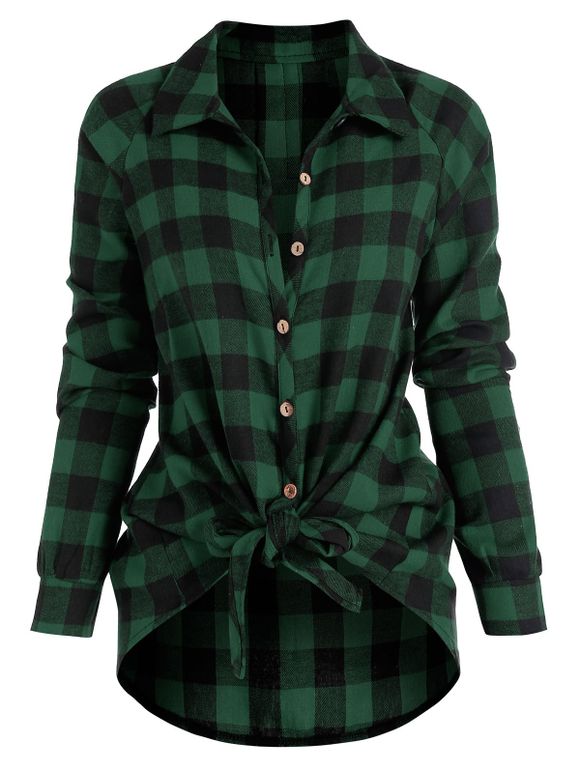 Plaid Raglan Sleeve Tied Shirts - DEEP GREEN 2XL