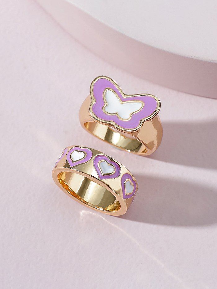 2 Pcs Metal Heart Butterfly Glazed Ring Set - multicolor B 