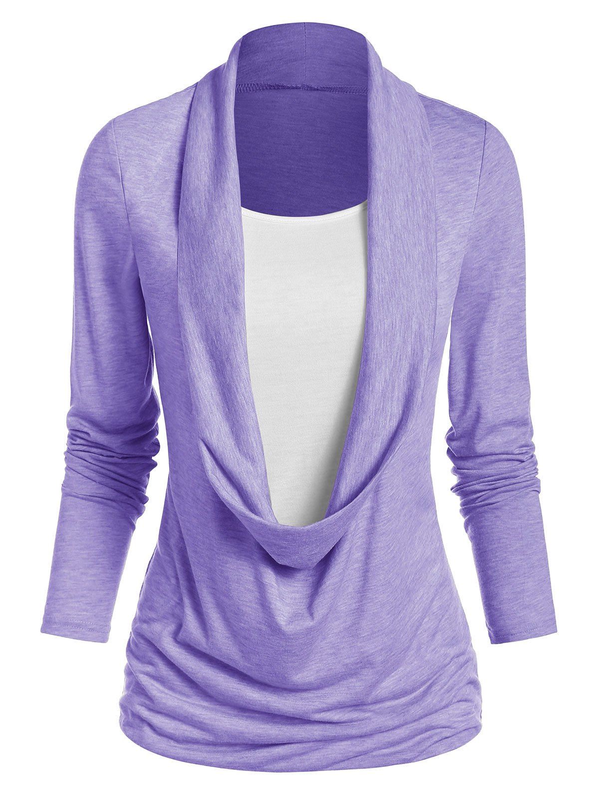 Heathered Draped Ruched 2 In 1 Long Sleeve Casual T-shirt - LIGHT PURPLE 3XL