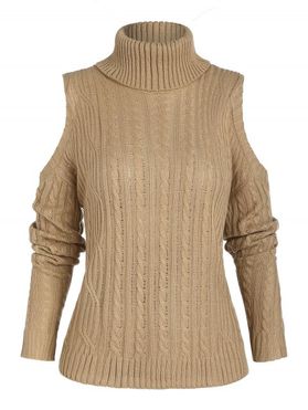 Cold Shoulder Turtleneck Cable Knit Sweater