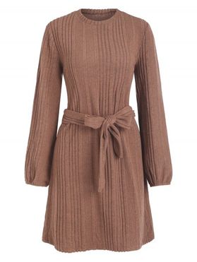 Casual Belted Rib Knit Mini Sweater Dress