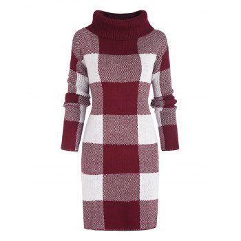 

Plaid Turtleneck Mini Sweater Dress, Deep red