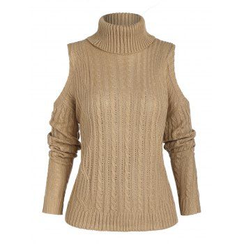 

Cold Shoulder Turtleneck Cable Knit Sweater, Light coffee