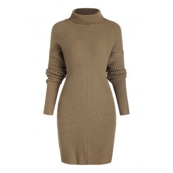

Drop Shoulder Turtleneck Ribbed Sweater Dress, Light coffee