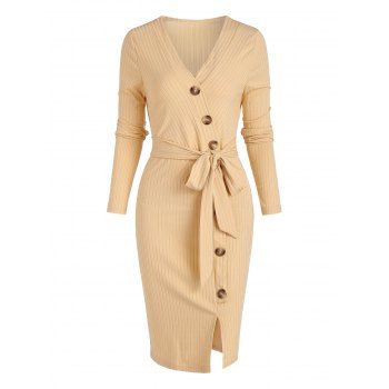 

Ribbed Mock Button Belted Slit Slinky Dress, Light coffee