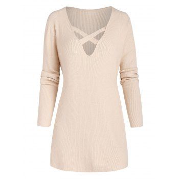 

V Neck Criss Cross Jumper Sweater, Light coffee