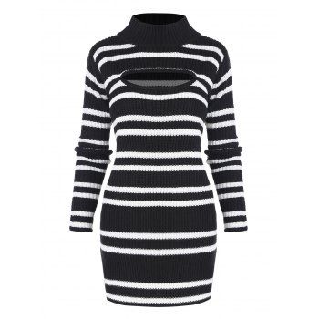 Cutout Mock Neck Striped Sweater Dress