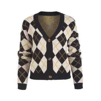 

Button Up Argyle Drop Shoulder Cardigan, Multicolor