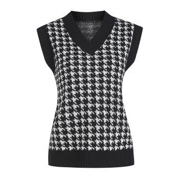 

Houndstooth V Neck Vest Sweater, Black