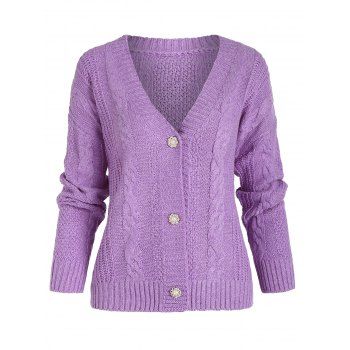 

Cable Knit Button Up Cardigan, Purple