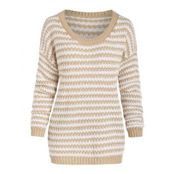 

Crew Neck Loose Wavy Stripes Sweater, Light coffee