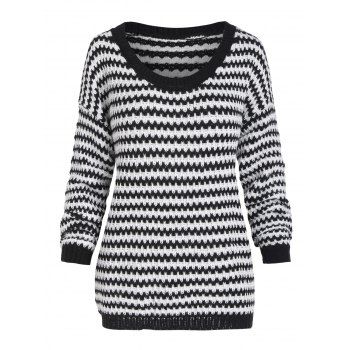 

Crew Neck Loose Wavy Stripes Sweater, Black