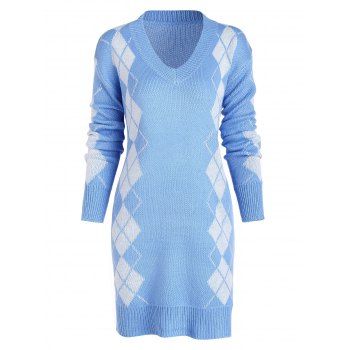 

Argyle Straight Sweater Dress, Light blue