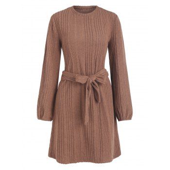 

Casual Belted Rib Knit Mini Sweater Dress, Coffee