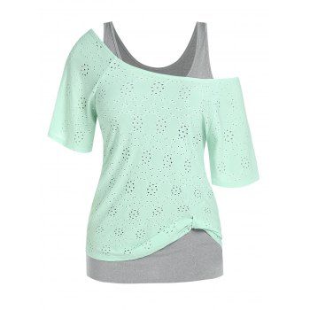 

Plus Size Eyelet Skew Collar T-shirt and Tank Top Set, Light green