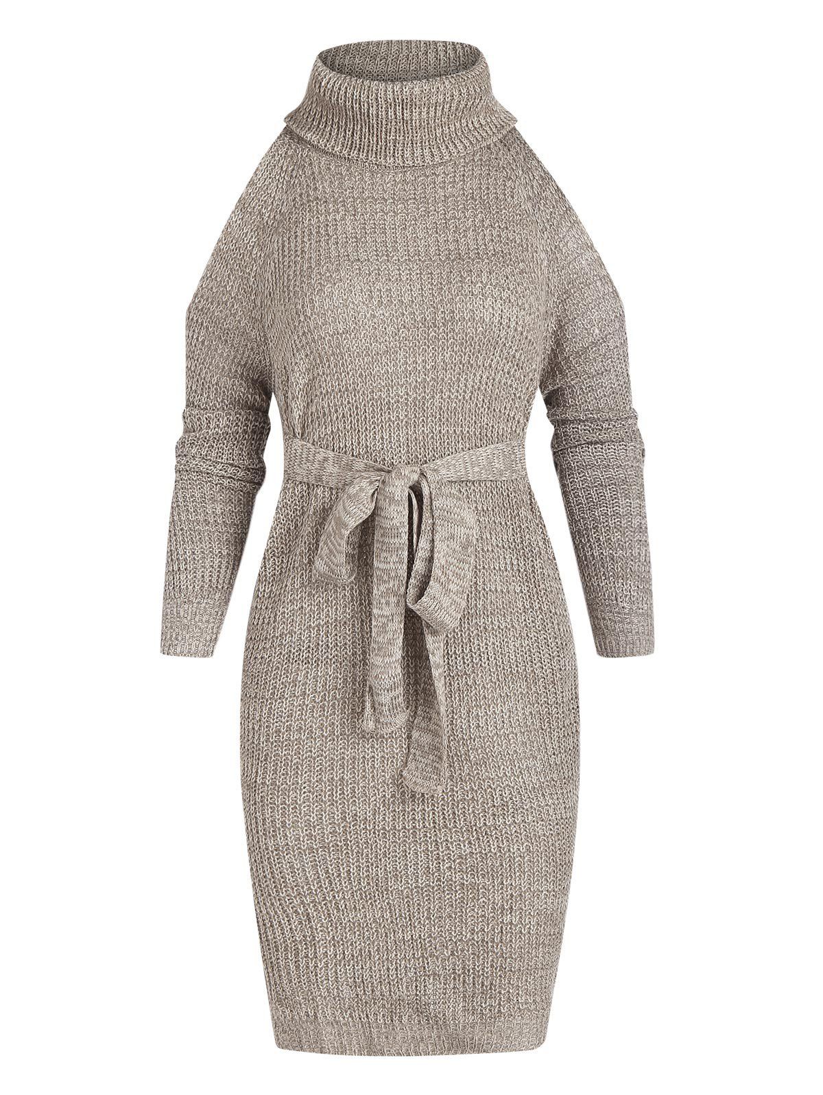 Turtleneck Cold Shoulder Sweater Dress - GRAY L