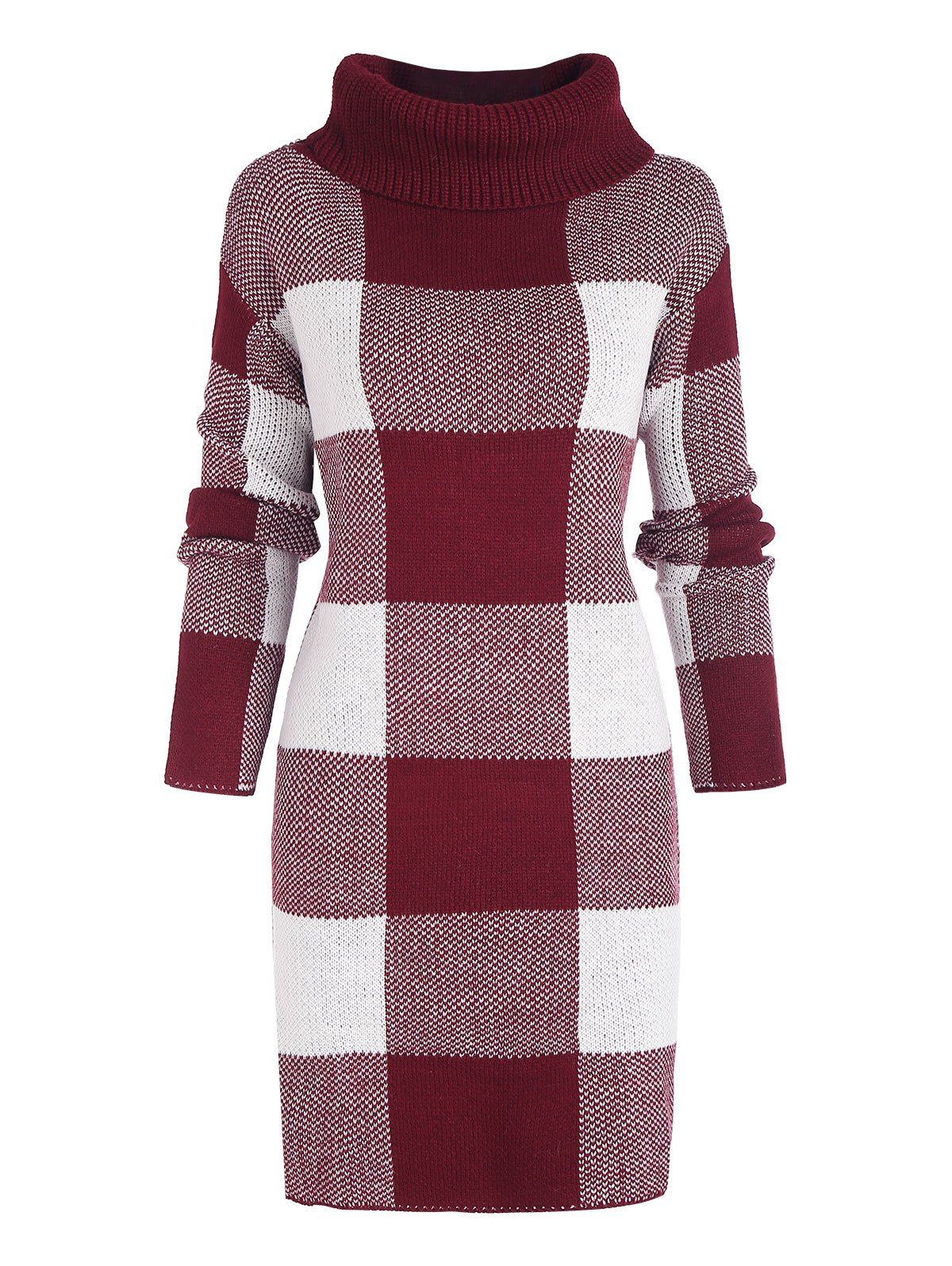 Plaid Turtleneck Mini Sweater Dress - DEEP RED L