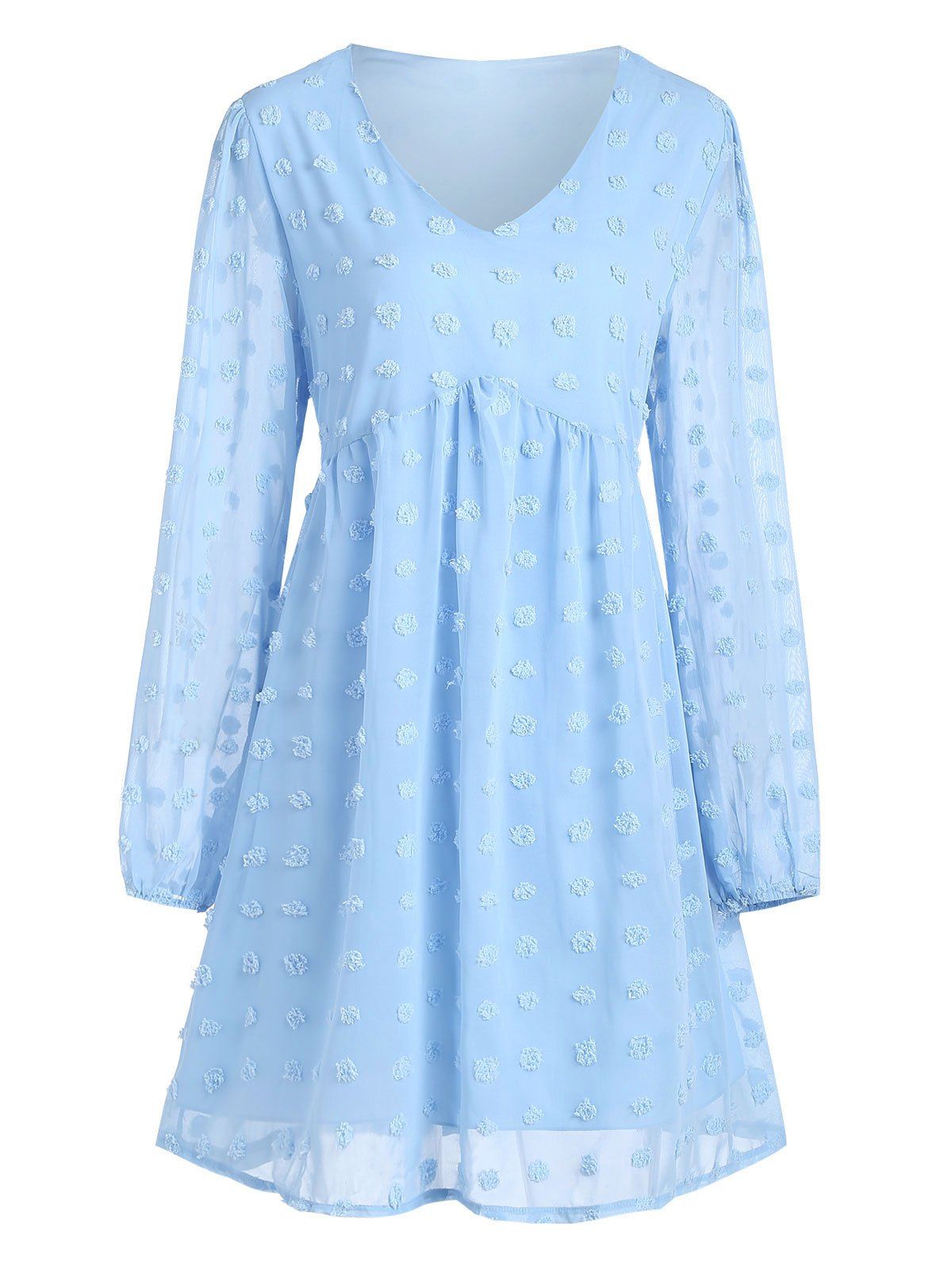 V Neck Swiss Dot Straight Mini Dress - LIGHT BLUE L